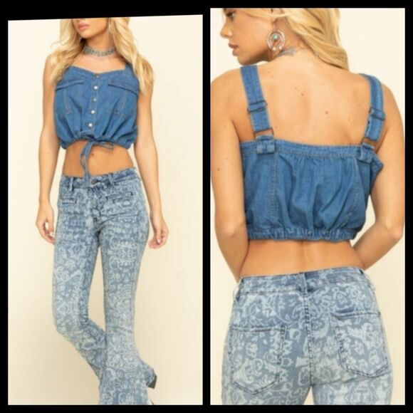 Free People Palm Desert Demin Crop Top Medium NWT - Picture 2 of 8